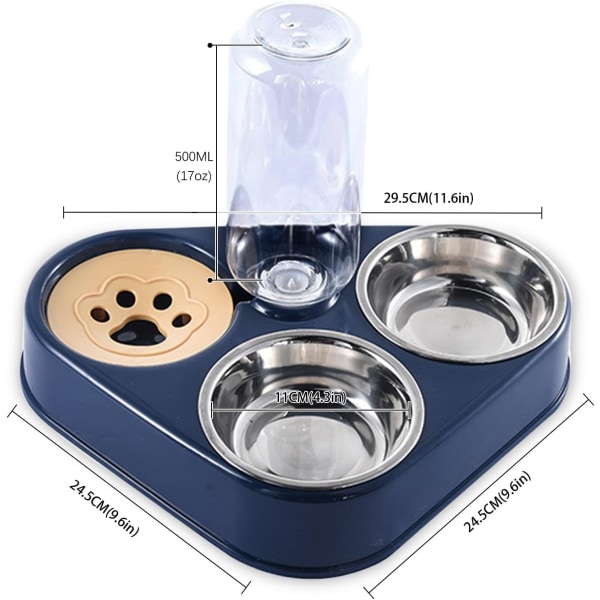 Rustfrit dobbelt kæledyrsskål - 3-i-1 dobbelt katte- og hundeskåle med automatisk vandopbevaring, perfekt til kæledyrshunde og -katte (blå)