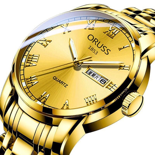 Automatisk Mekanisk Klocka Herrkalender Lysande Vattentät Rund Vanlig Glasspegel Armbandsur Roman men's gold strap gold face
