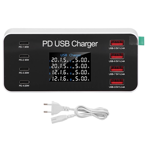 Desktop USB Charger 8 Port PD 30W Digital Display USB Charging Station for Phone Tablet 100‑240V EU Plug