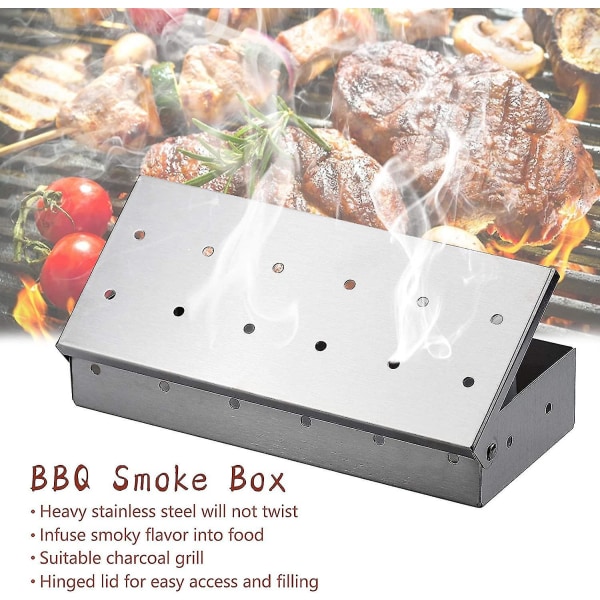 Rökbox i rostfritt stål för grill, rökbox för gasol- och kolgrill, traditionell amerikansk BBQ-röksmak, grilltillbehör 22,2 x 9,6 x