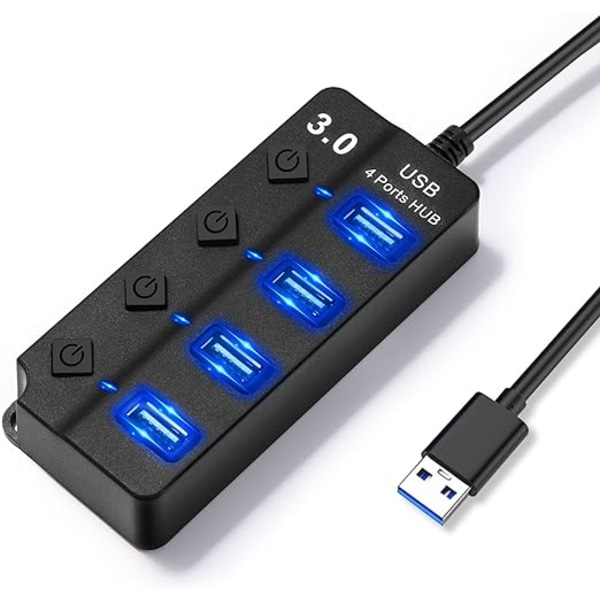 USB 3.0 Hub, 4-port Splitter med uafhængige afbrydere, Flere stik til hurtig dataoverførsel