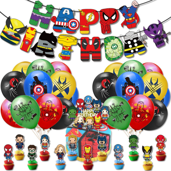 Spider-Man Superhero Alliance Festdekoration Barnens födelsedag Dra flagga Tårtinsats Ballongset A