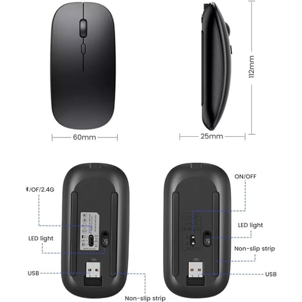 Trådløs mus, stille 2.4G+Bluetooth-mus og USB-mottakermus for PC-datamaskin, mus 3 justerbare DPI-nivåer