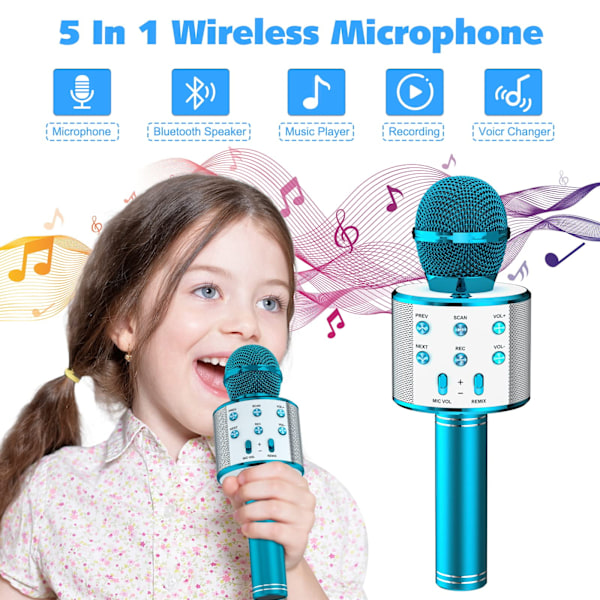 2-pack Trådlös Bluetooth Karaoke Mikrofon för Barn, 5-i-1 Portabel Handhållen Mikrofonhögtalare, Leksaker för Flickor och Pojkar (Roséguld & Blå)