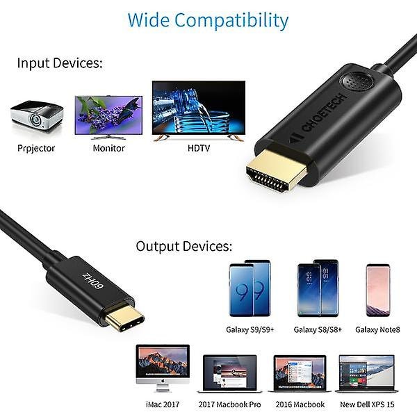 4K@60Hz USB-C Thunderbolt 3 til HDMI 4K Ultra HD mediakonverterkabel for MacBook Pro iPad Pro iMac MacBook 1.8m/6ft Samsung Galaxy Note 20/10/9/8 Bla