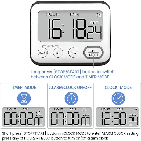 Kökstimer Alarmklocka Multifunktionell Digital Matlagningstimer Med Stor LCD-Skärm Magnetisk Stoppur Timer Med Klocka Alarmklocka Magnet