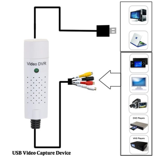 USB 2.0 till AV-videokapturadapter, enklare Cap USB-ljud- och videokapturadapter, video-TV-DVD-VHS-DVR för Win10 white