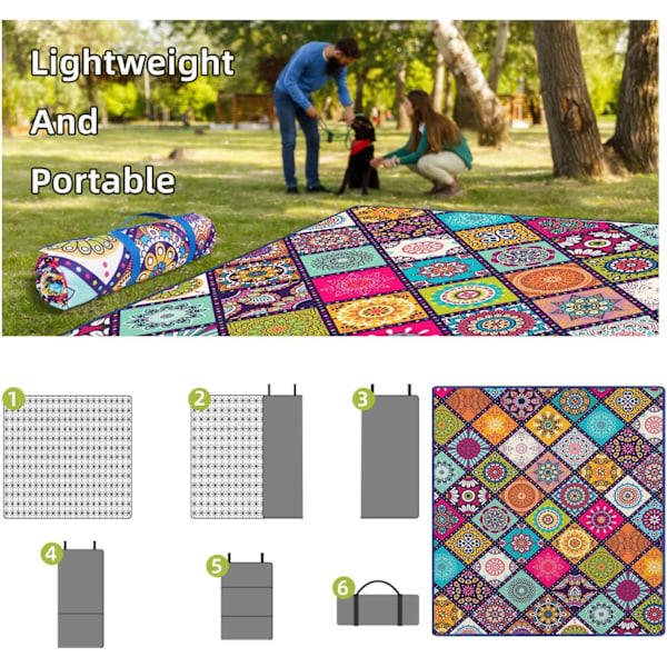 Vandtætte Picnic Tæpper Foldbare & Bærbare 203x203 cm Boho Picnic Måtte til Udendørs Brug, Stort Vaskbart Picnic Tæppe til Rejser og Camping-AD10--O-