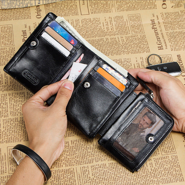 Läderplånbok herr, slimmad plånbok med myntfack & RFID-skydd Black