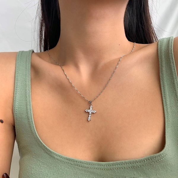 S925 sterling sølv kors religiøs europæisk og amerikansk simpel klassisk herre- og damehalskæde med 5A zirkon