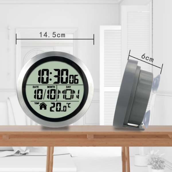 Klocka med sugkopp, ingen stansning, hushållsklocka, vattentät badrumstoalettklocka, köksklocka, LCD-digital displayklocka, temperaturdetektor