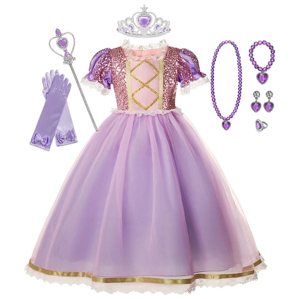 Rapunzelklänning för flickor, utklädningsklänning, fantasy, barnkalas, prinsesskostym, barn, halloween, lila paljetter, meshkläder Rapunzel B Set02-KL Rapunzel B Set02 2T(Tag100)