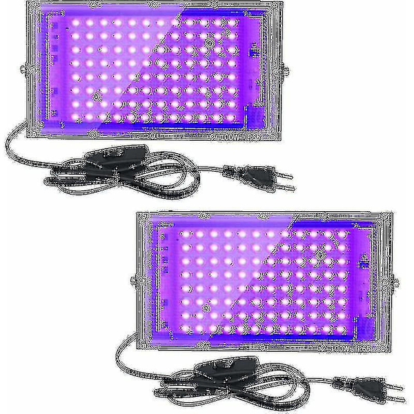 2 st 100W UV LED-strålkastare svartljus IP65 vattentät, ultraviolett LED-lampa, effektbelysning för akvarium, fest, neonmålning, fluorescerande affisch