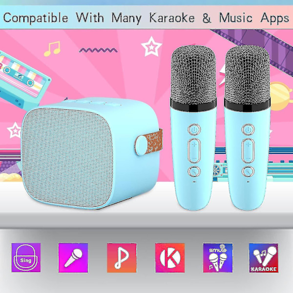 Karaokemaskine til børn med 2 trådløse mikrofoner, bærbar karaokemaskine med Bluetooth til børn og voksne, stemmeforandrende effekter og LED-lys