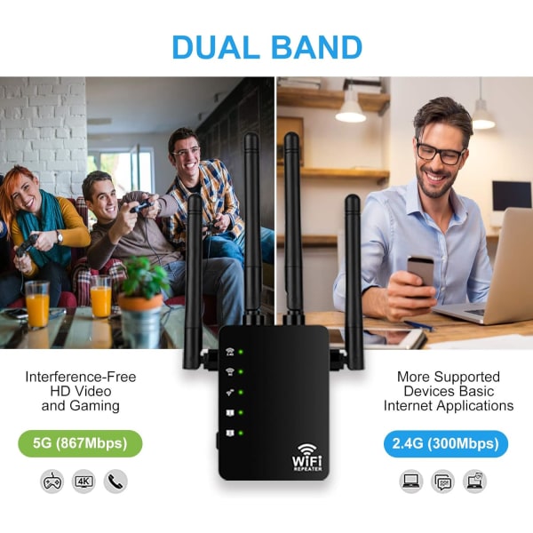 1200 Mbps langtrækkende hjem WiFi-repeater, dualband 2,4 GHz og 5 GHz WiFi-netværksudvider, 4 eksterne antenner