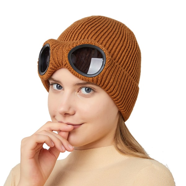 Höst- och vintermössa i stickad ull för män och kvinnor med vindtäta glasögon Brun