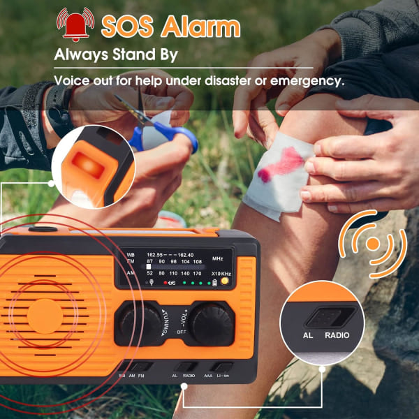 Solcellsdriven Vattentät Radio med 5000mAh Laddningsbart Nödläge