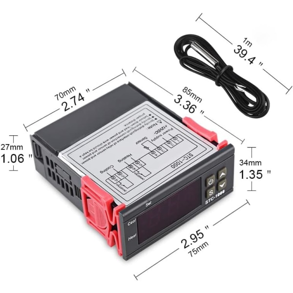 2 stk. 12V temperaturregulator, STC-1000 digital termostat til alle formål med NTC temperatursensorsonde, celsius temperaturregulator