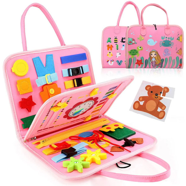 Toddler Montessori Busy Board för barn Sensorisk leksak Förskola Lärande Pedagogiska reseaktiviteter för pojkar Finmotorik Pink mermaid