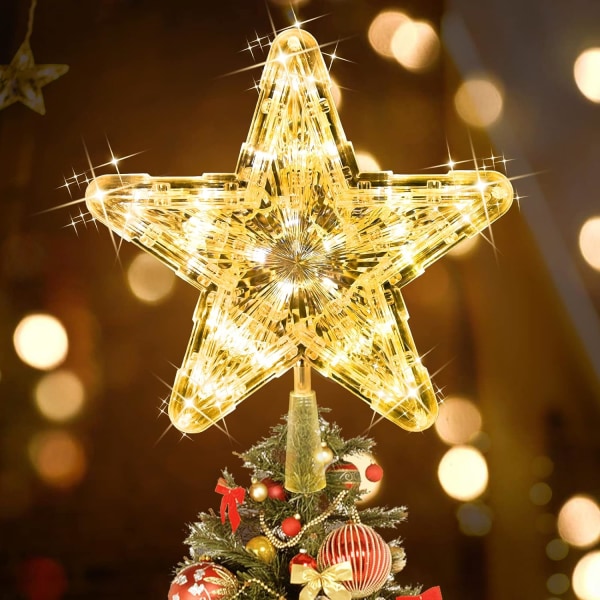 Set med 2 julgransstjärnor, julgransdekoration 30 LED-stjärnljus Batteridriven julgranstopper varm gul blinkande stjärnbelysning julgransprydnad