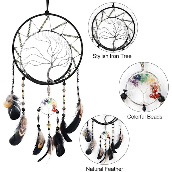 7 Chakras Livets Träd Drömfångare Väggdekor med Regnbågshealing Kristallsten Handgjorda Svarta Fjäder Drömfångare Vägghängande Ornament