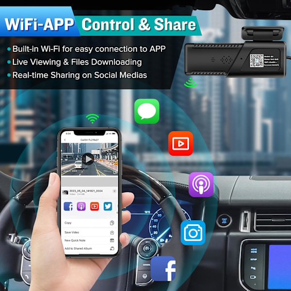 Dashcam, WiFi FHD 1080P Dash Cam til Biler, Mini Bilkamera, Front Dash Cam med Gratis 64GB SD-kort, 160° Bred Vinkel, Nattesyn