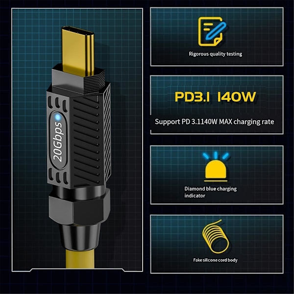 PD 140W skarvning snabbladdningsdatakabel 20Gbps 8K HD C till C fjäderkabel Typ C skalbar förlängningssladd