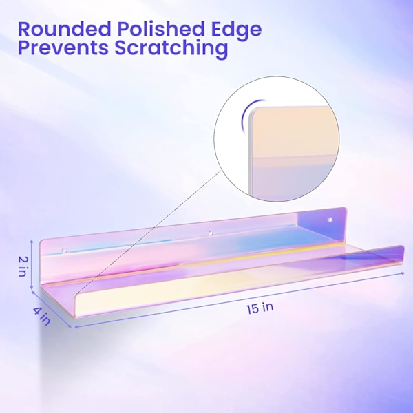 Akrylhylder til vægmontering, 15\" svævende bogreoler til børn, displayhyldearrangør, regnbue - 4 pak