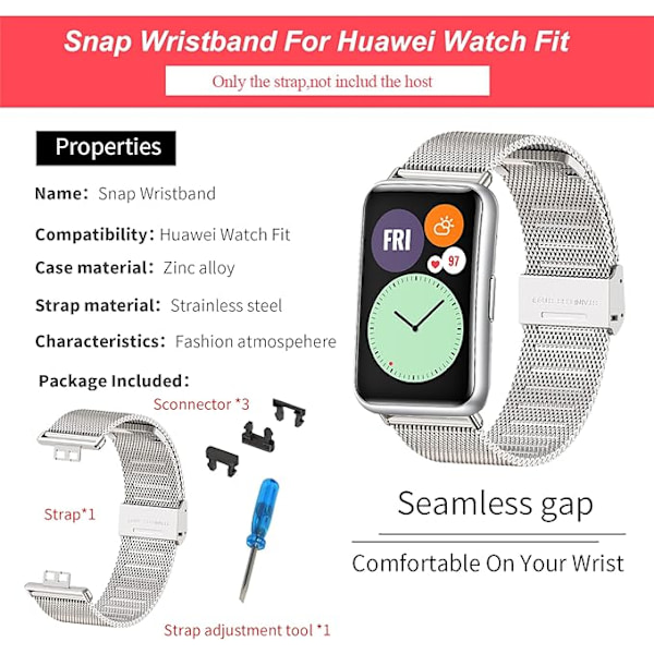 Rem for Huawei Watch Fit i rustfritt stål, metallremmer, tilbehør til Huawei Watch Fit & Huawei Watch Fit-klokker.