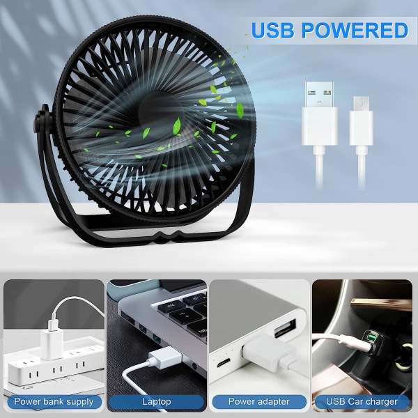 USB-læser, 3-hastigheds skrivebordsventilator, 360° justerbar tyst blæser, bærebar ventil til kontor, soveværelse, bil, resor