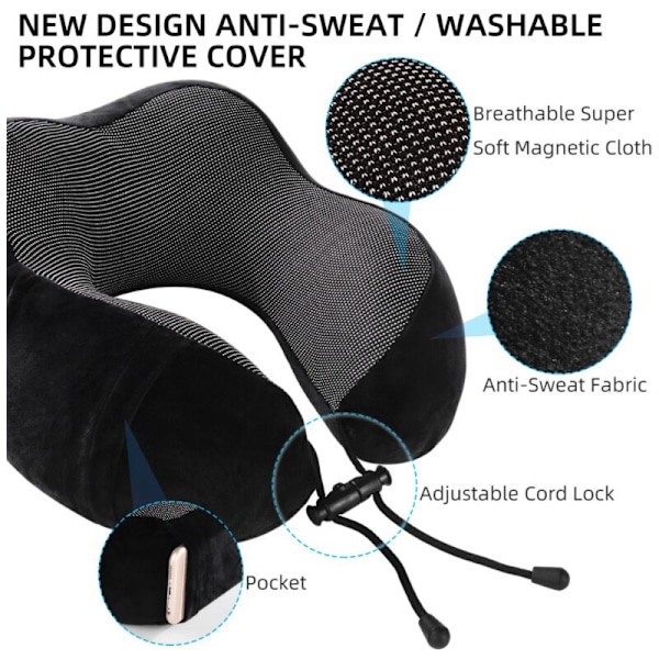 Resekudde, nackkudde 100% memory foam, med bekvämt och ventilerande överdrag, uppfriskande kudde för flygresor, med 3D-ögonmask, mössa -FD2--O-