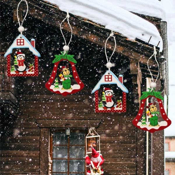 Set med 12 julgransdekorationer i trä, julgransprydnad i trä, julhängen i trä att hänga, små julhängen i trä för julgran