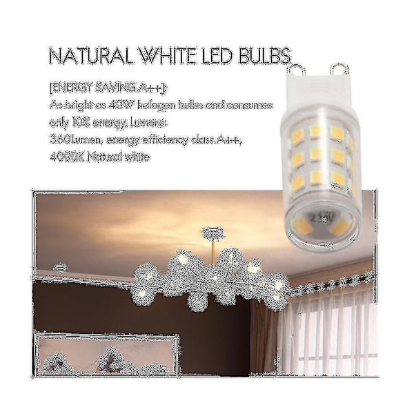 6 stk. G9 LED-pærer, 3W halogenpærer, G9 sokkel energibesparende LED-pære, naturlig hvit, 360lm, AC 220-240