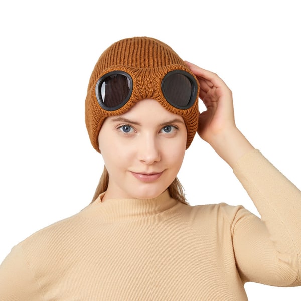 Höst- och vintermössa i stickad ull för män och kvinnor med vindtäta glasögon Brun