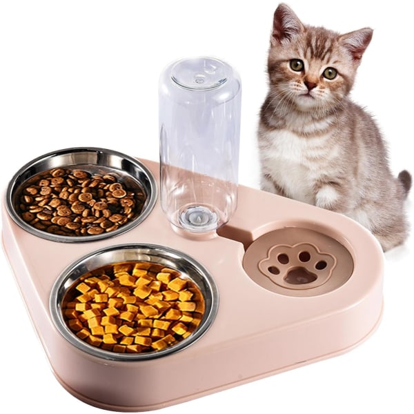 Rostfri dubbel husdjursskål - 3-i-1 dubbla katt- och hundskålar med automatisk vattenförvaring, perfekt för husdjurshundar och -katter (rosa)