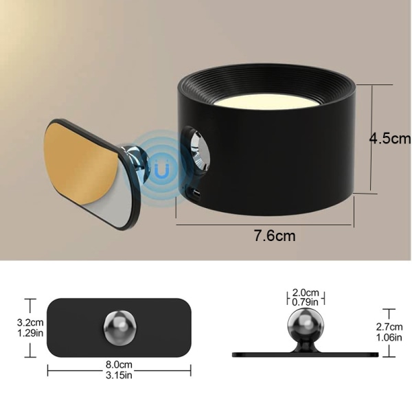 Vägglampa med USB-laddningsbart batteri, 3-nivåers ljusstyrka inomhusvägg 360 ° roterande trådlös vägglampa