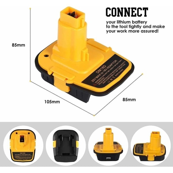 DM18D DCA1820 Batteriadapter med USB til Dewalt 20V/18V