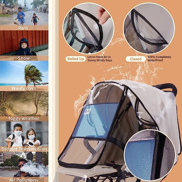 Universal regnskydd för barnvagnar, Regnhuva för barnvagnar, fönster med bekvämt åtkomst, bra luftcirkulation, inga skadliga ämnen