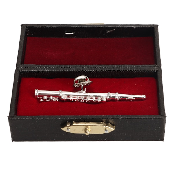 Sølvfløjte Brosche Miniature Musikinstrument Reversnål med Rødfløjlforet Instrument Etui