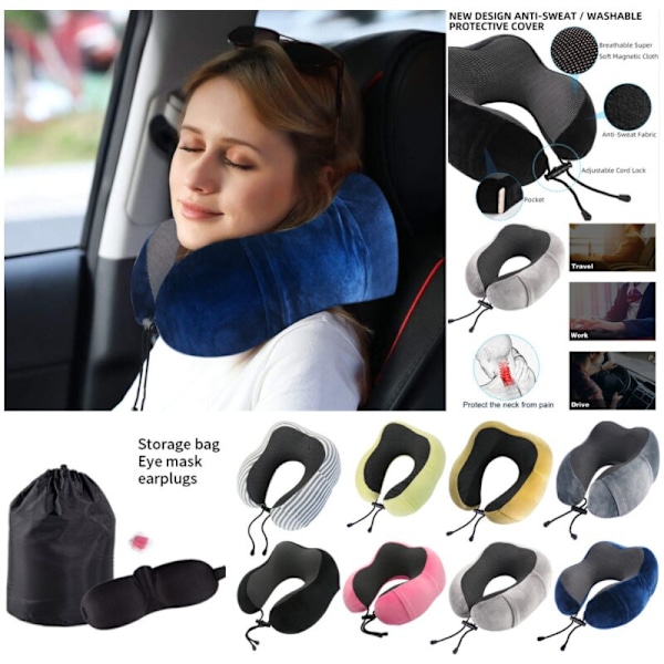 Resekudde, nackkudde 100% memory foam, med bekvämt och ventilerande överdrag, uppfriskande kudde för flygresor, med 3D-ögonmask, mössa -FD2--O-