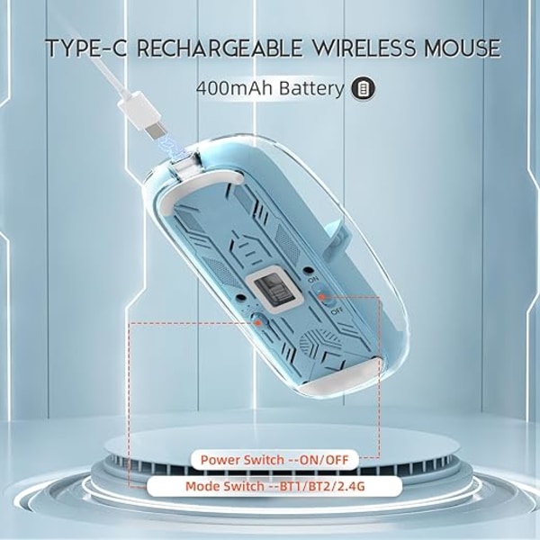 Ladattava langaton hiiri, 2.4G+Bluetooth 5.0 hiljainen ja hiiri, 2400 dpi ultraohut pelihiiri näkyvällä akulla