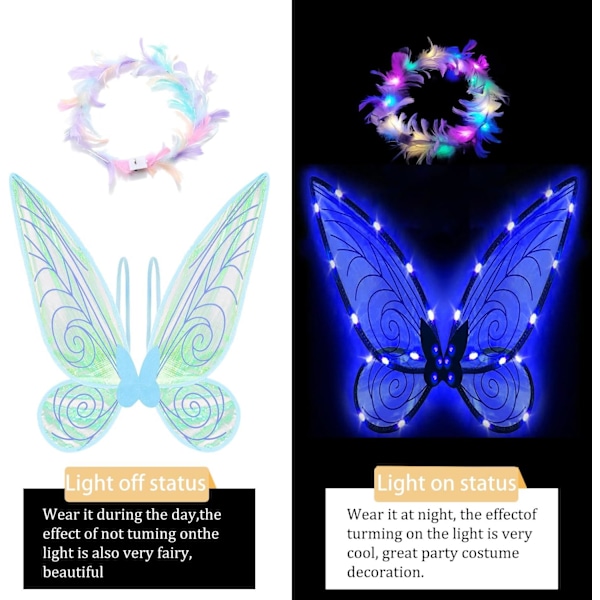 Glitterende fevinger for voksne, LED-hårbøyler og tryllestaver for eventyrfest-LN7- Trollslända blå Trollslända blå