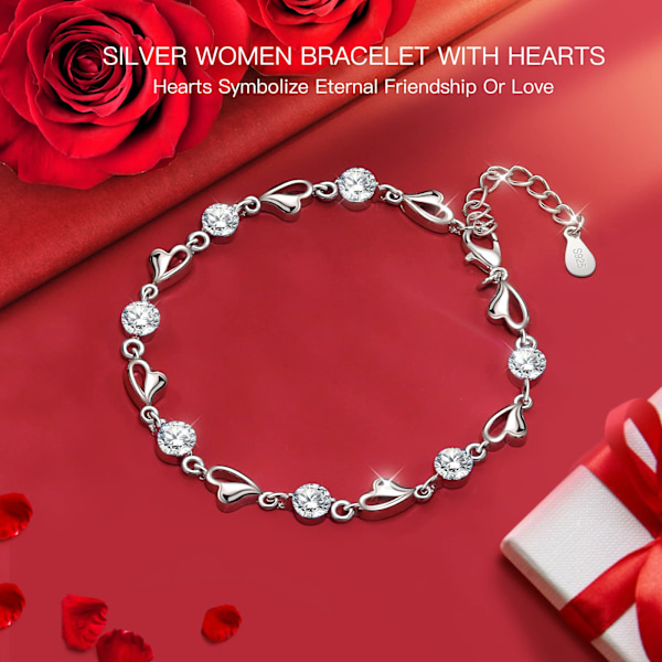 Silverarmband för kvinnor, 925 Sterling Silver Hjärtarmband Vänskap Kristallarmband Zirkonia Justerbara Damarmband, Morsdagspresenter