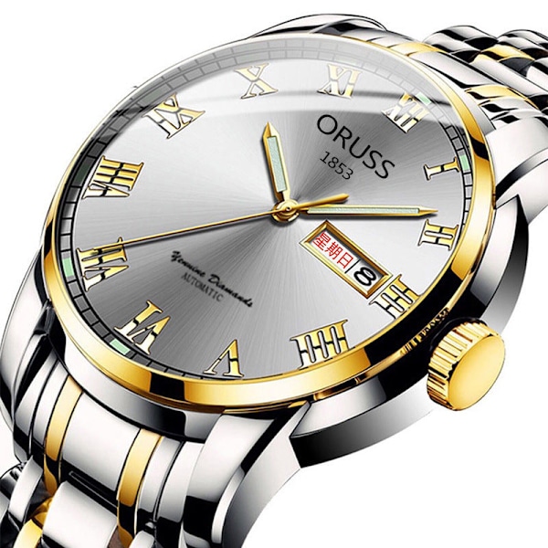 Automatisk Mekanisk Klocka Herrkalender Självlysande Vattentät Rund Vanlig Glasspegel Armbandsur Roman gold white noodles