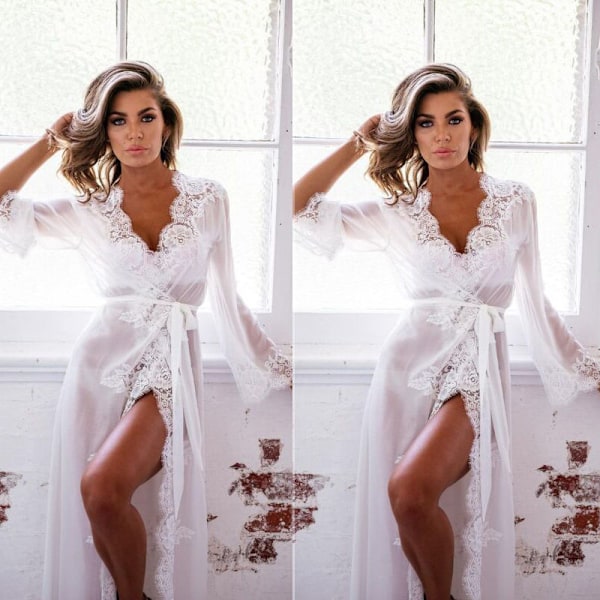 Dam Nattlinne Spets Nattlinne Kimono Nattlinne Robe Vit