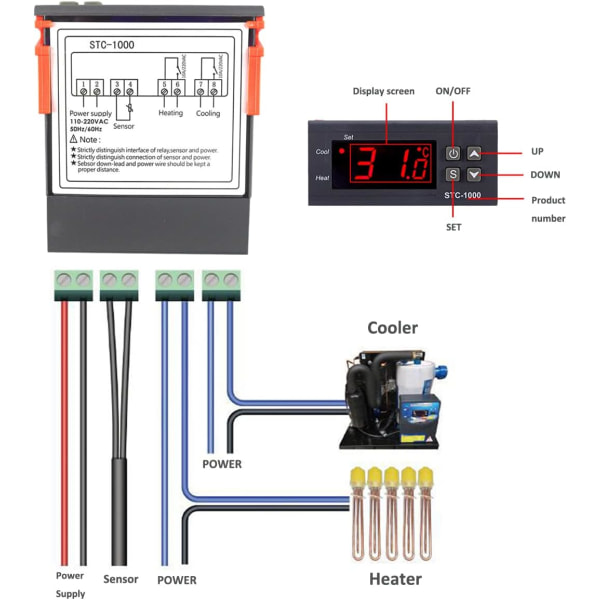 2 kpl 24V lämpötilansäädinpaketti, STC-1000 digitaalinen termostaatti kaikkiin tarkoituksiin NTC-lämpötila-anturianturilla, celsiuslämpötilansäädin