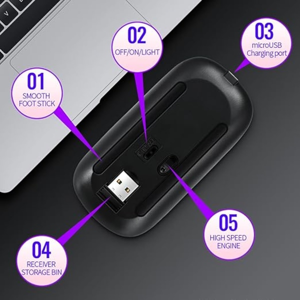 Bluetooth trådlös mus, laddningsbar trådlös mus för bärbar dator, vertikal mus, bakgrundsbelyst datormus