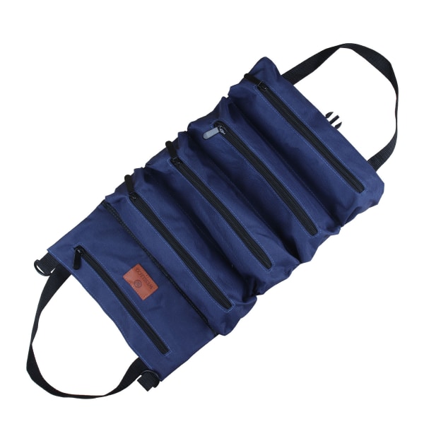 Roll-Up Canvas-työkalulaukku, jossa on 5 vetoketjullista taskua blue