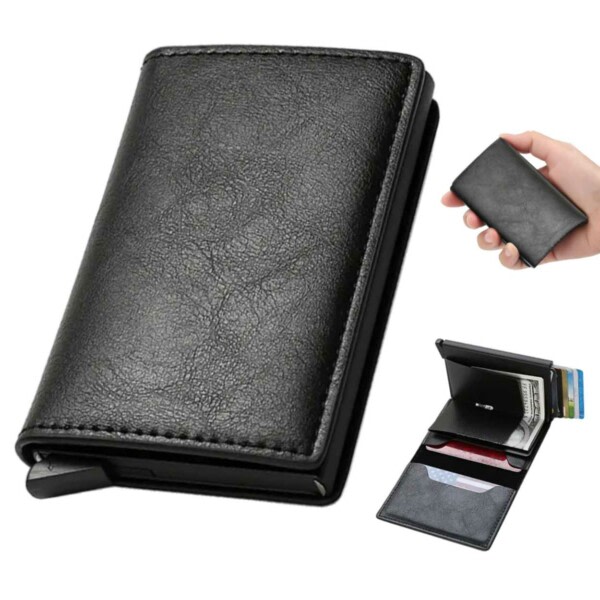 Pop-up Korthållare med RFID Skydd PU Läder Svart svart black