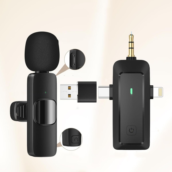 Langaton lavalier-mikrofoni iPhone/Android/kannettavalle tietokoneelle, ammattimainen kaksoisreverssi-mikrofoni USB-C/3,5 mm/USB-liittimellä